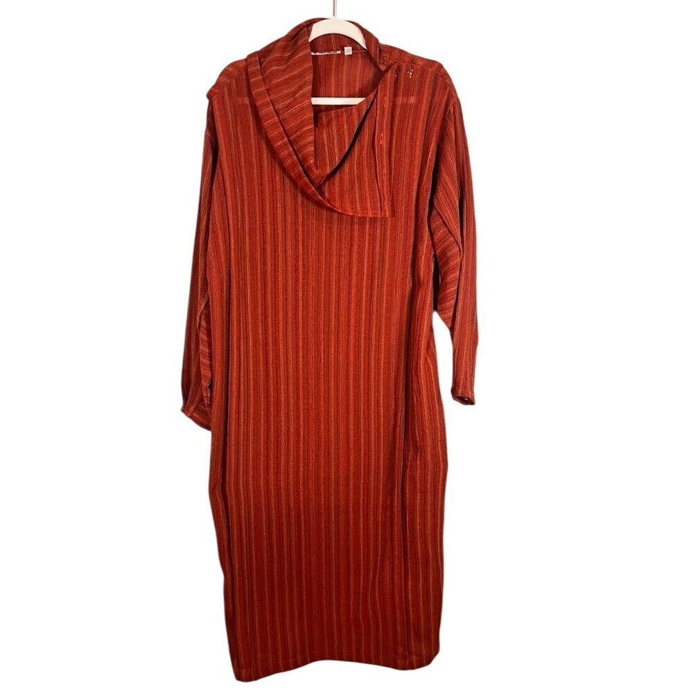 Chinoise Wool Striped Dress S Orange Cheongsam Mandarin‎ Kaftan Tunic Qipao 70s